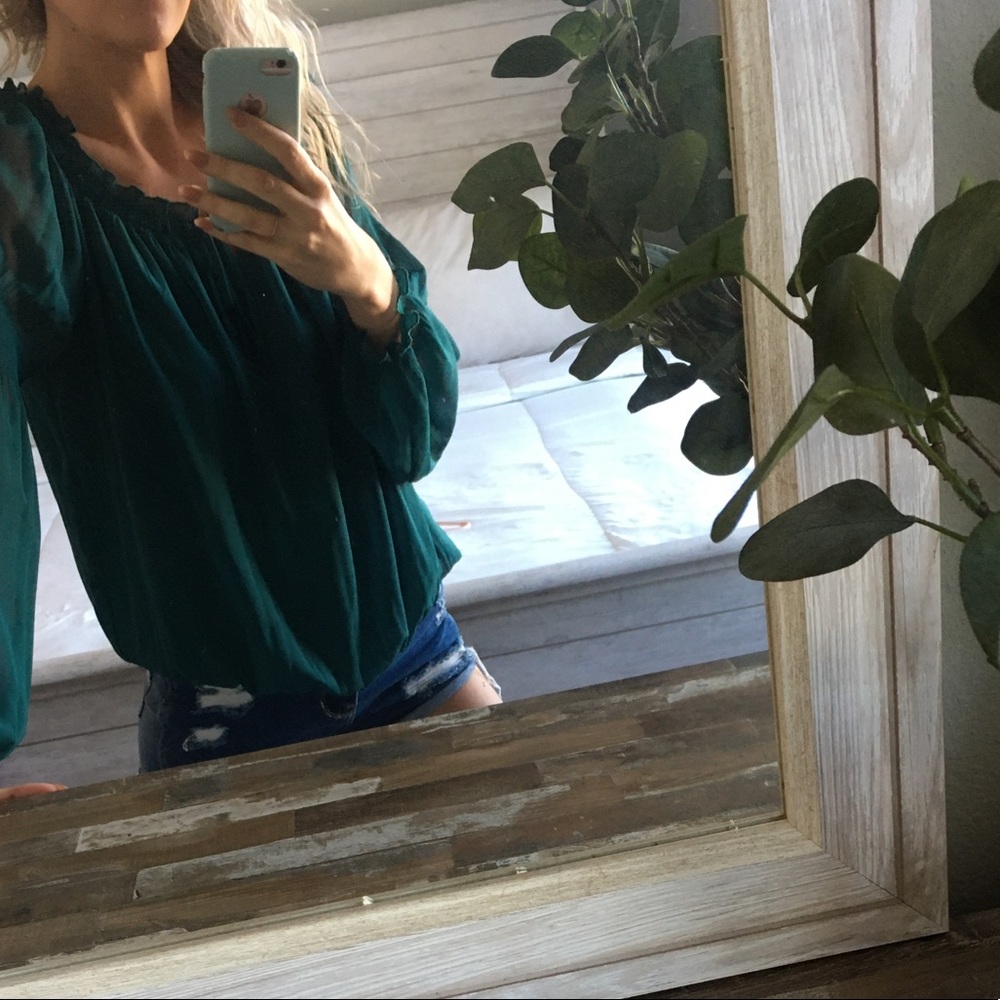Express Dark Green Flowy Tie-Front Peasant Top